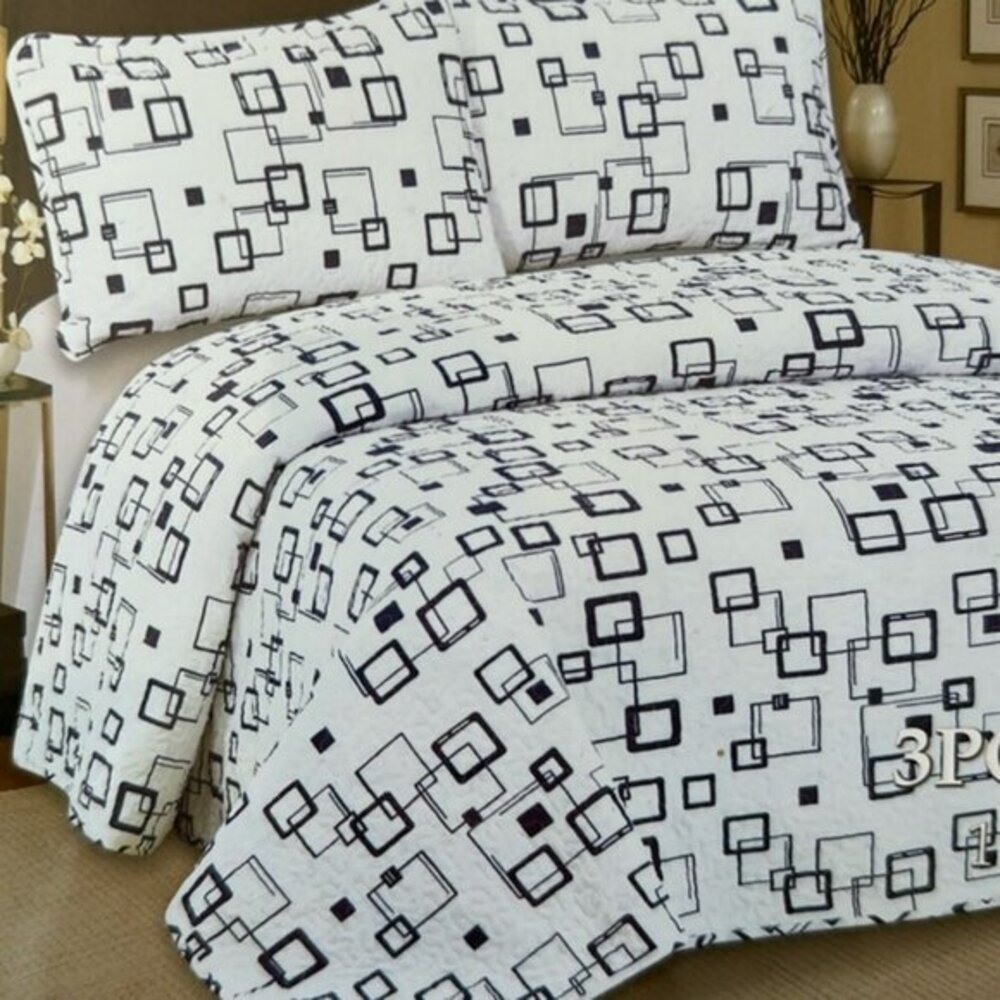 Hotel at home Queen 3pc Quilt set White with Blue Squares